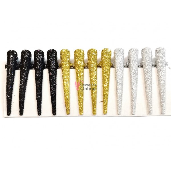 Clipsuri metalice pentru coafor CLP16 cu cioc, set 12 bucati cu sclipici